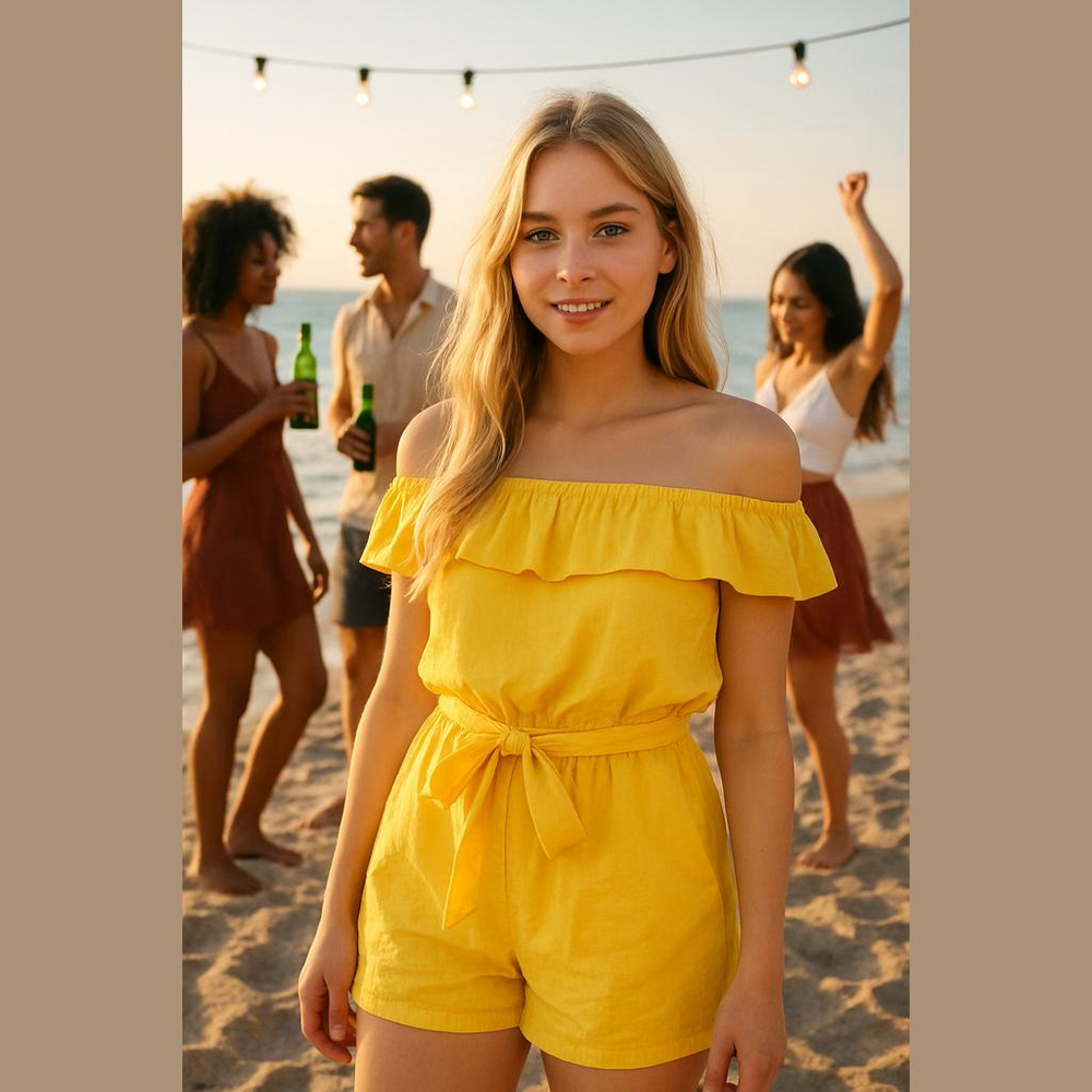 Express yellow/gold off the shoulder romper